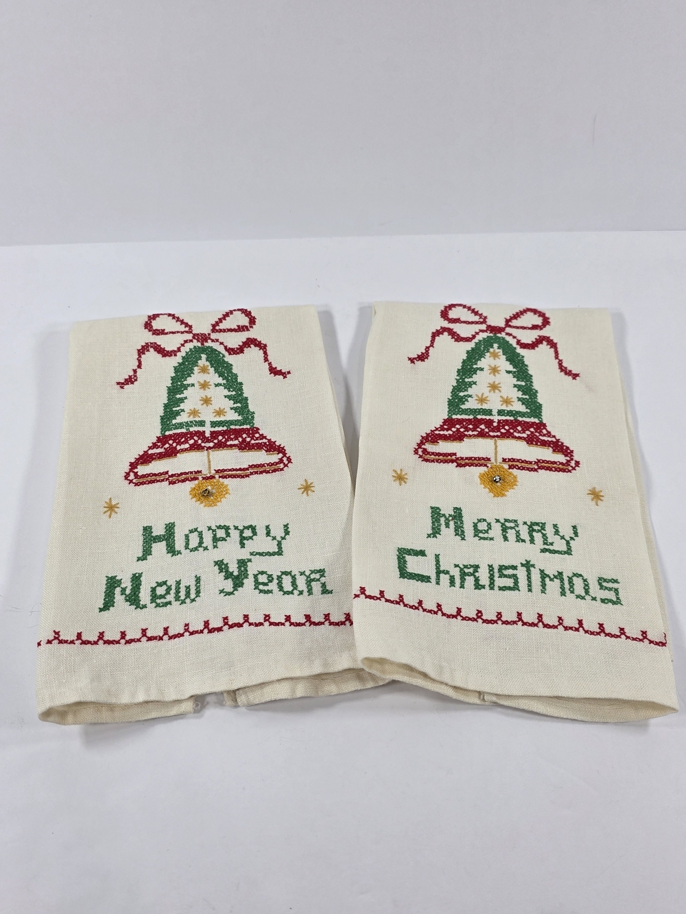 Holiday Bell Embroidered Kitchen Towels - Green & Red